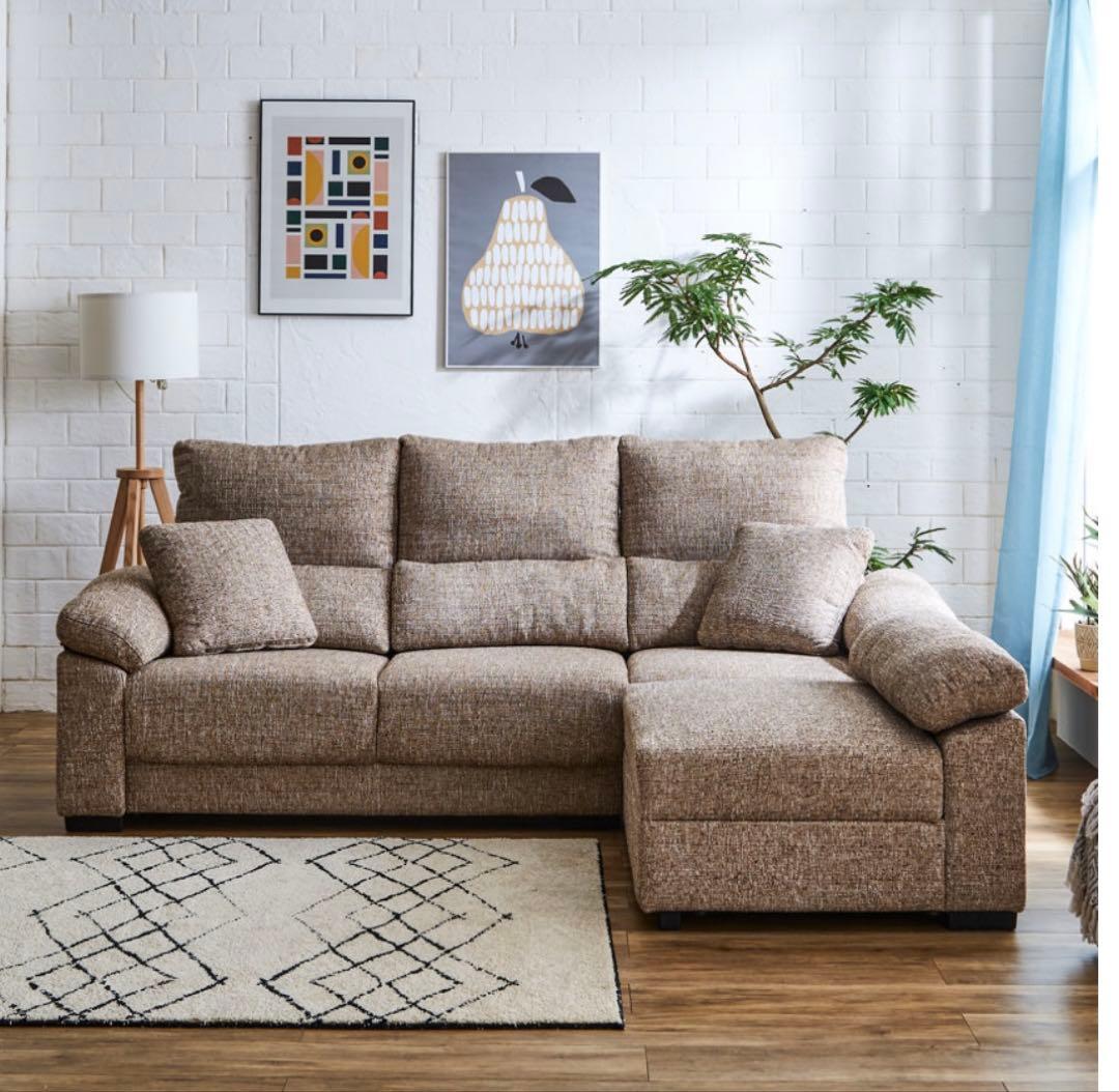 【収納付きオットマン】3人掛けカウチソファ／左右入替可／※オットマン不要もOK