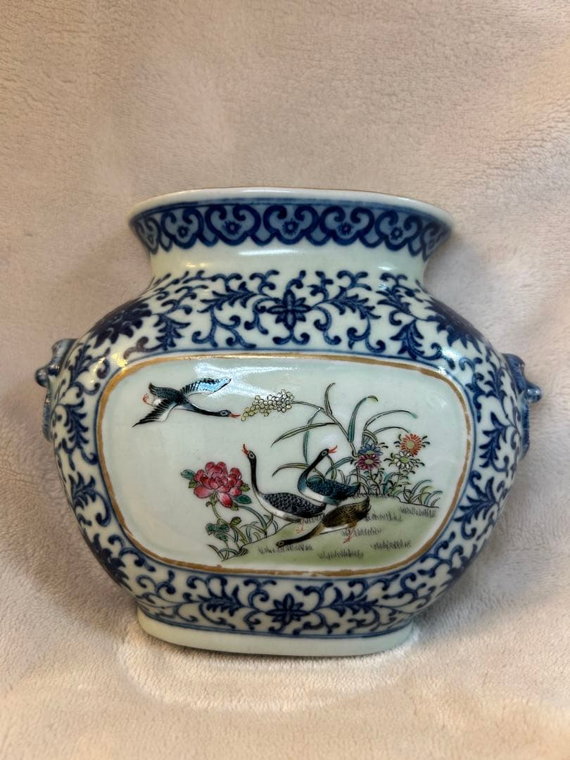 希少 大清道光年製 手描 粉彩 牡丹双鳥図 壁瓶　中国古美術 古玩