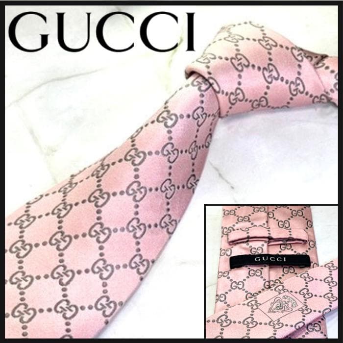 ☆即発 GUCCI グッチ 高級シルクネクタイ ピンク GG総柄 美品 イタリア