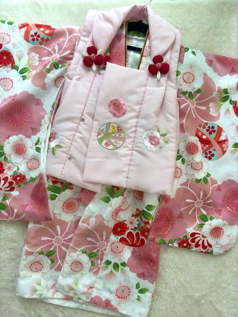 七五三用 花柄 ピンク 着物セット