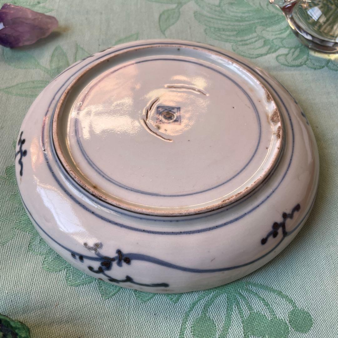 江戸中期　古伊万里　熨斗　松竹梅　吉祥紋様　染付　輪花型　中皿　6寸皿