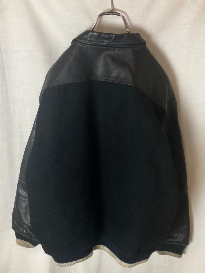 レトロ古着レザー×ウール×オールブラックデザイン襟付きスタジャン中綿入りゆったり