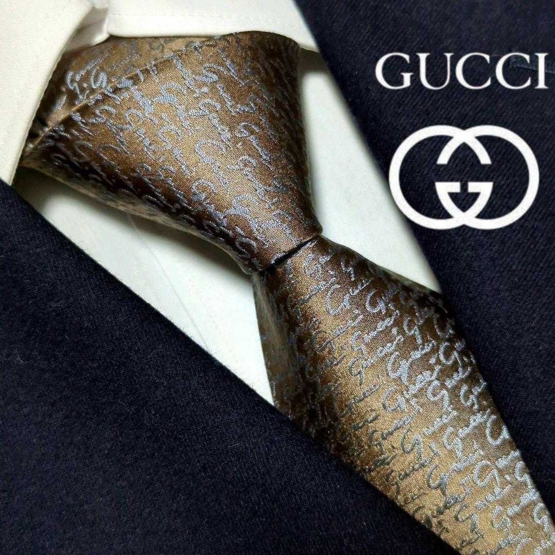 美品 グッチ ネクタイ 筆記体 ジャガード ハイブランド 高級シルク 光沢感