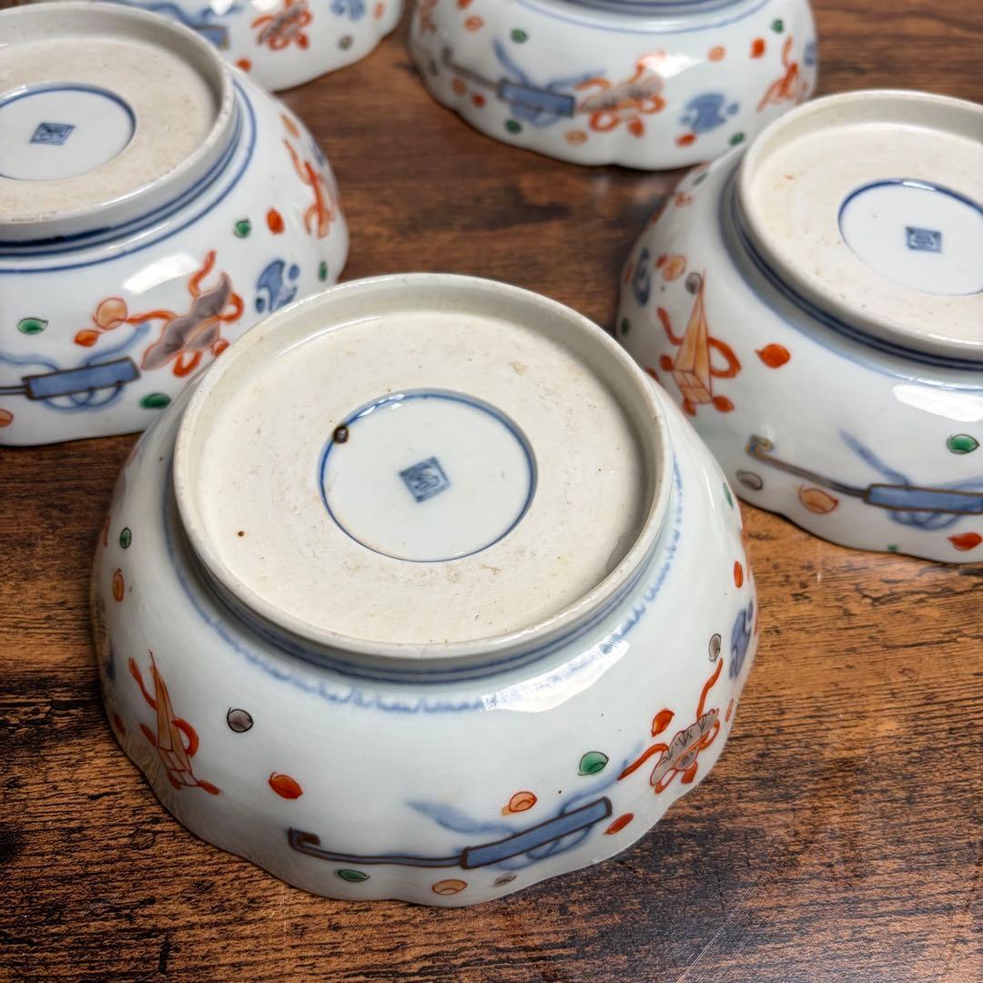 古伊万里　赤絵金彩鶴図なます皿五客　鉢/深鉢/お皿/アンティーク