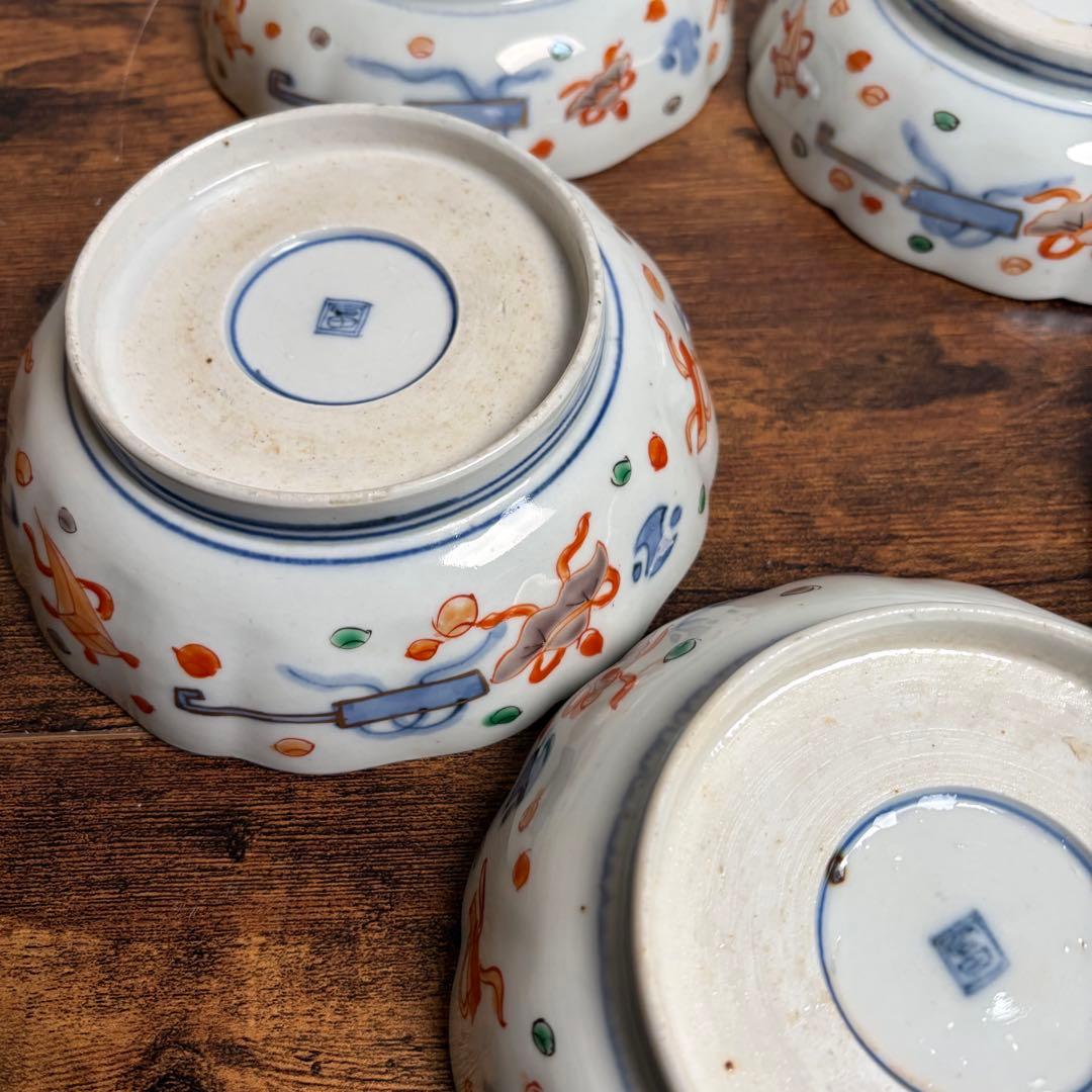 古伊万里　赤絵金彩鶴図なます皿五客　鉢/深鉢/お皿/アンティーク