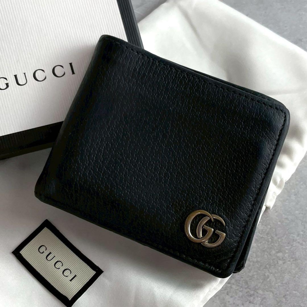 GUCCI 二つ折り財布 GGマーモント グッチ 小銭入れ レザー ブラック 黒