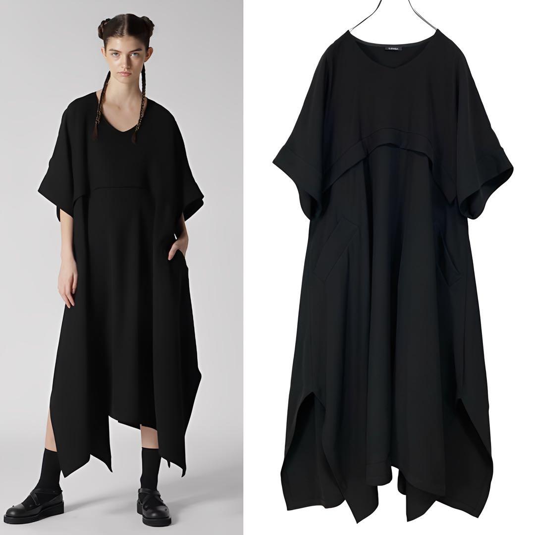 LIMI feu 美品25SS ダブルサテン Vネック フレアドレス 黒2