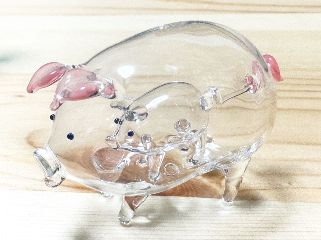 ガラス製 豚の置物 クリアピンク