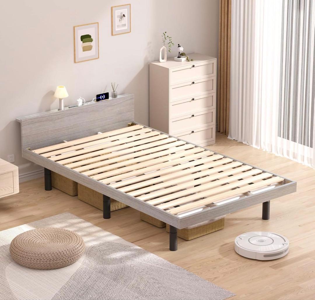 早い者勝ち✨ ベッドフレーム シングル ベッド 宮棚 2口コンセント 3段階高さ