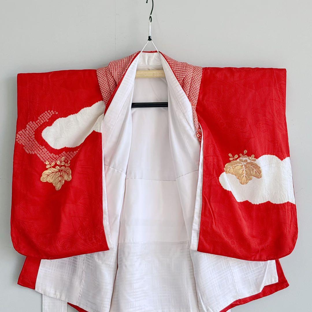 フルセット　七五三３歳女の子　きもの　しぼり被布　赤金刺繍　産着リメイク7046