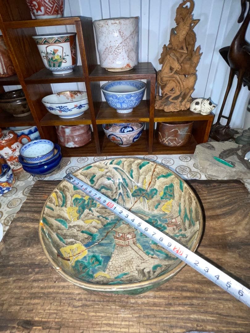 古美術　時代青手古九谷　山水楼閣人物文　鉢角福銘 骨董　博物館級