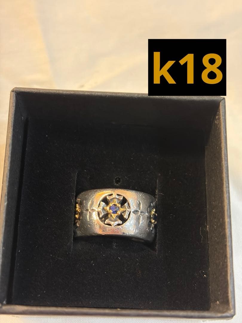 k18 サファイア5面透かし加工シルバー950ピンキーリング7号