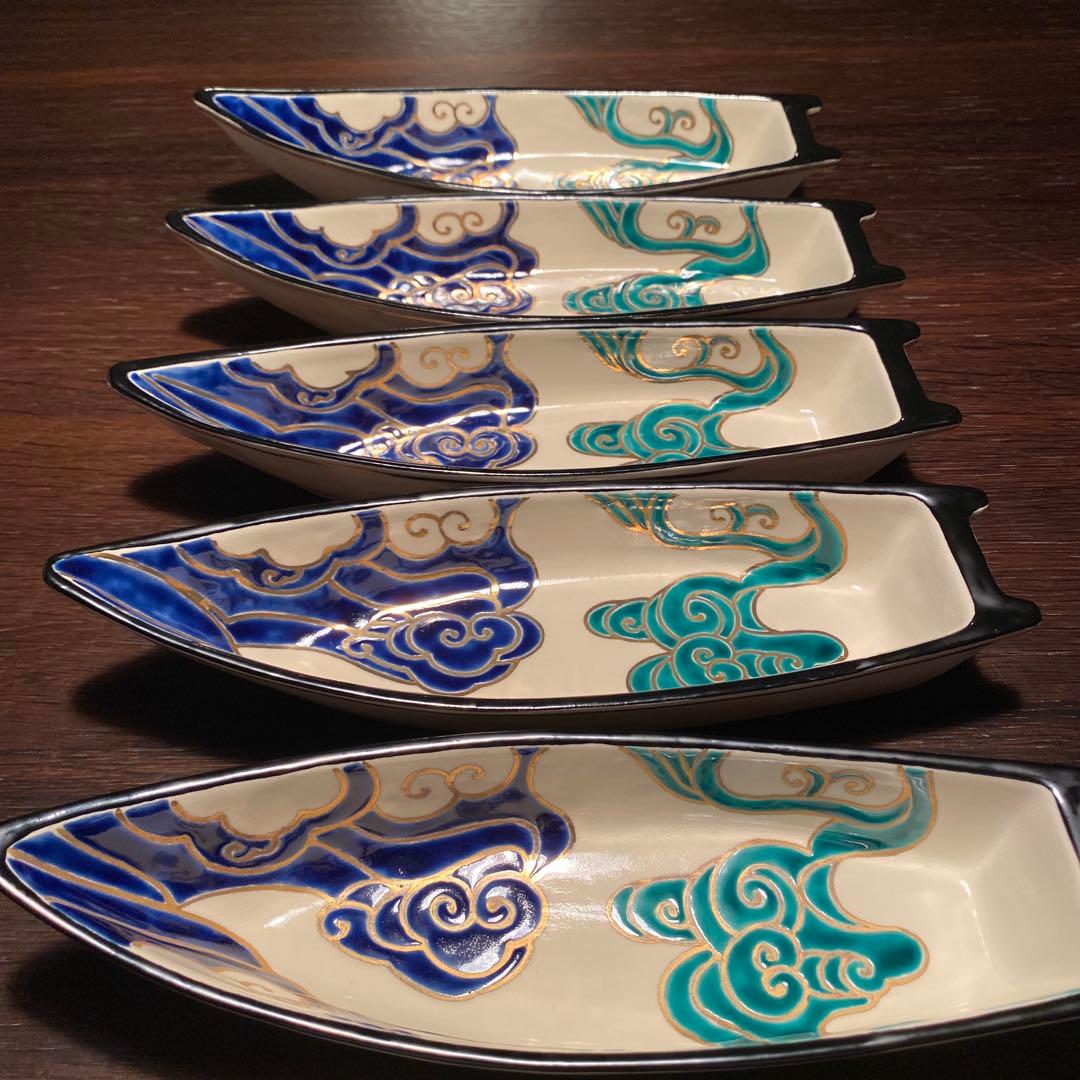 清水焼向付　仁清流水舟形向付5客　新品未使用　京焼