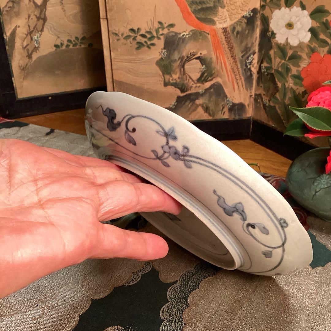 A891 古伊万里　柿右衛門　染付　「近江八景図」　輪花型　6寸皿　１枚