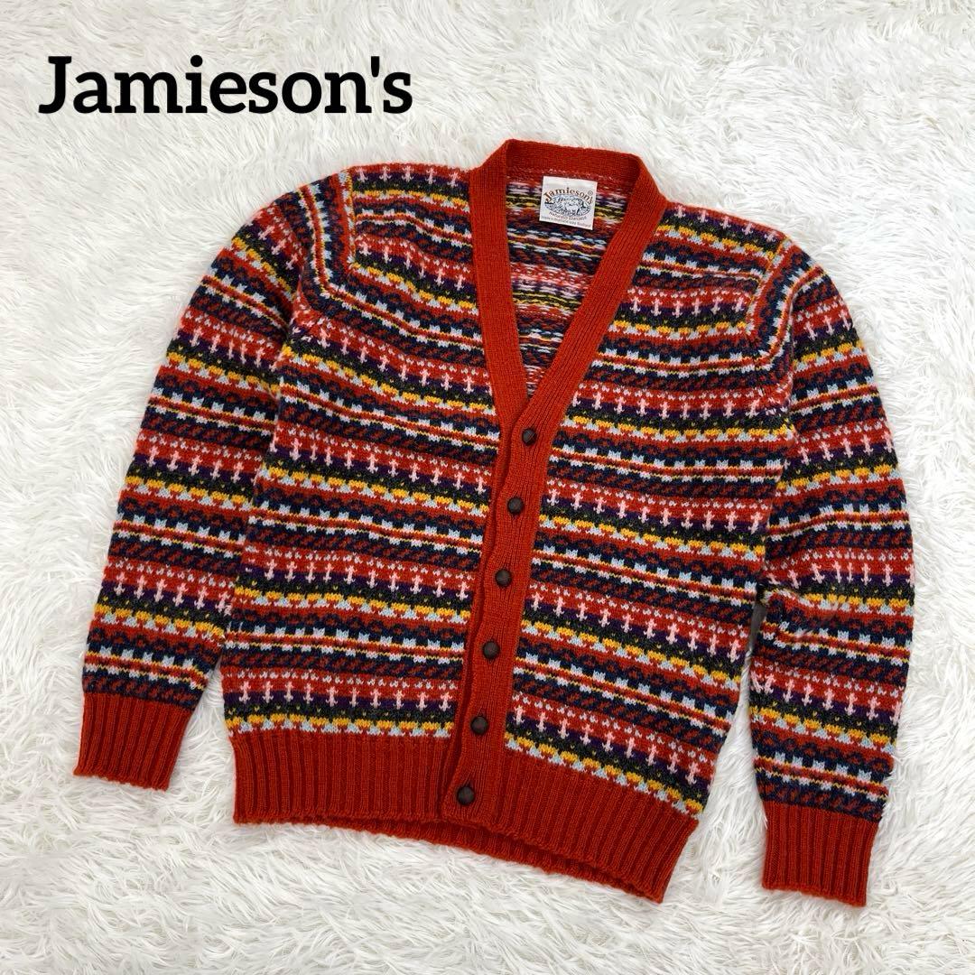 【美品】ジャミーソンズ・長袖ニット・カーディガン・フェアアイル柄・イギリス製・M