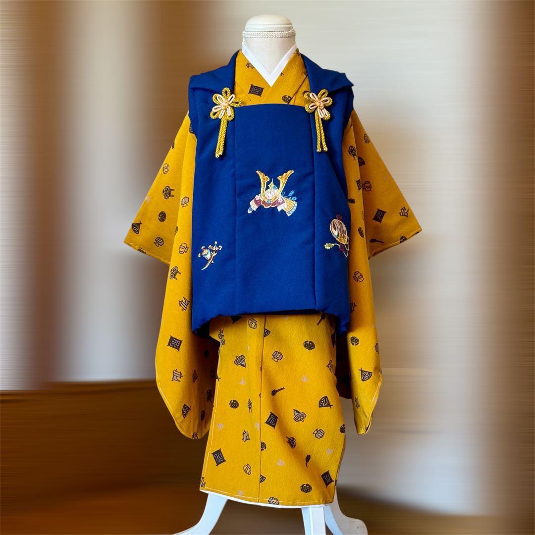七五三 男の子 被布セット 青×からし色 3歳 フルセット 専用箱