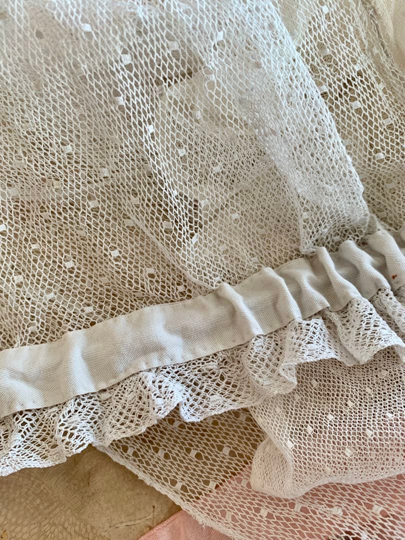 フランスアンティークドット柄チュールレースロングカーテン3枚set※古色ホワイト