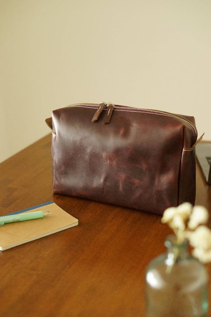 クロムエクセルレザーの大型ポーチ バーガンディ サイズカラーオーダー可能