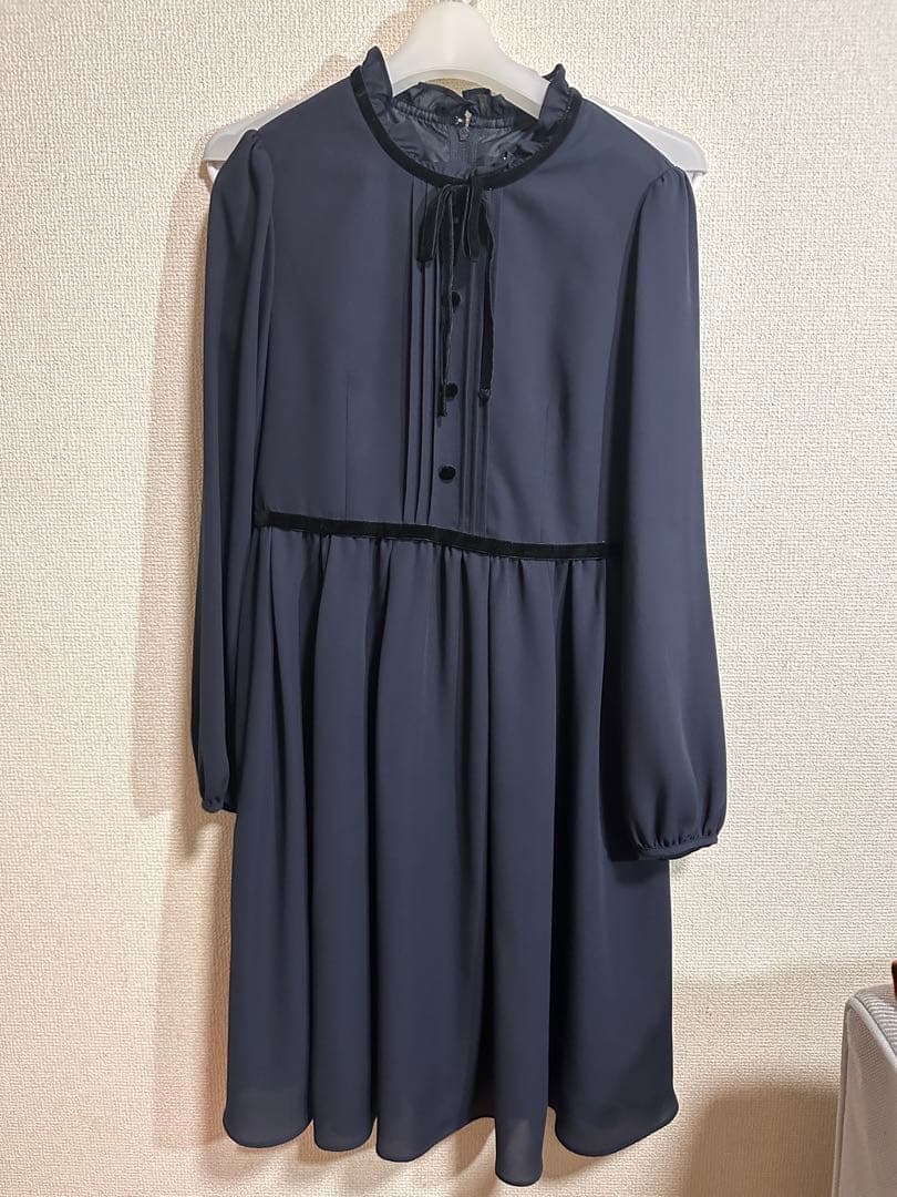 BEAMSネイビー 長袖 フォーマルワンピース キッズ150フリル襟
