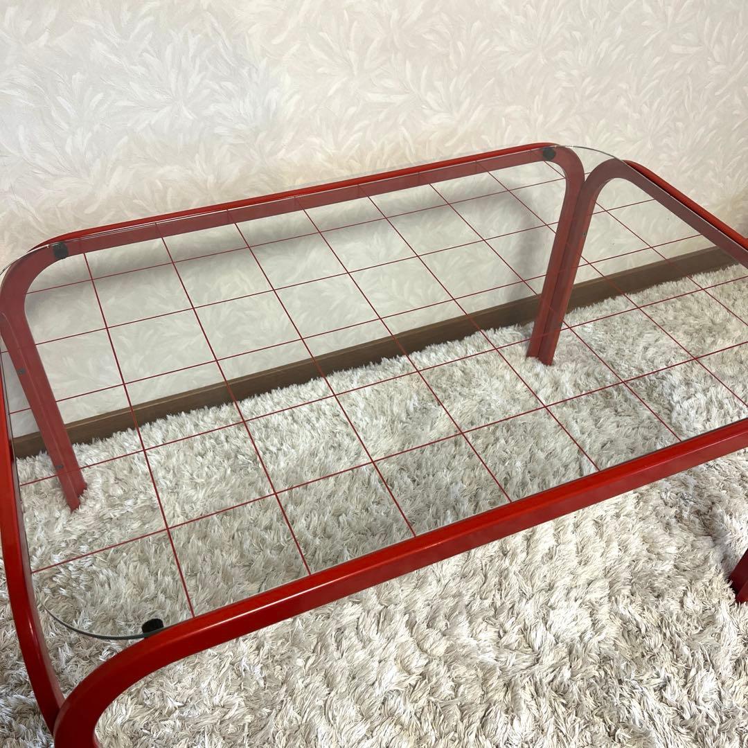 レトロポップ ガラステーブル アイアンテーブル グリッド柄 赤 80s 90s