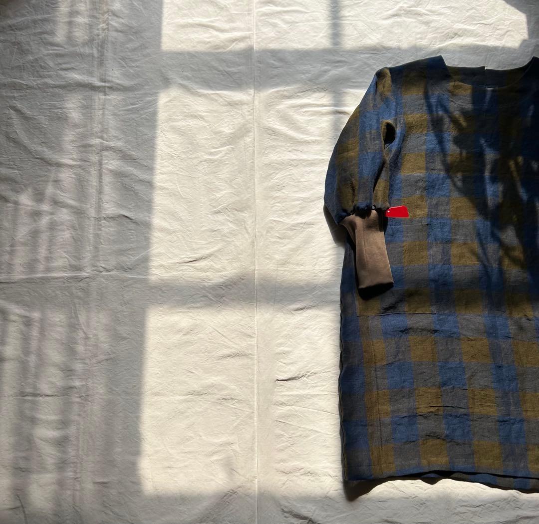 【びば★さま専用ページ】ギンガムlinen＊リブニット袖口かっぽう着ワンピース