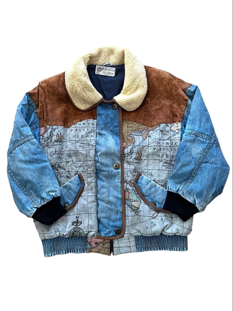 90's J Galleryジェイギャラリー襟ボアデニム地図柄ジャケットM