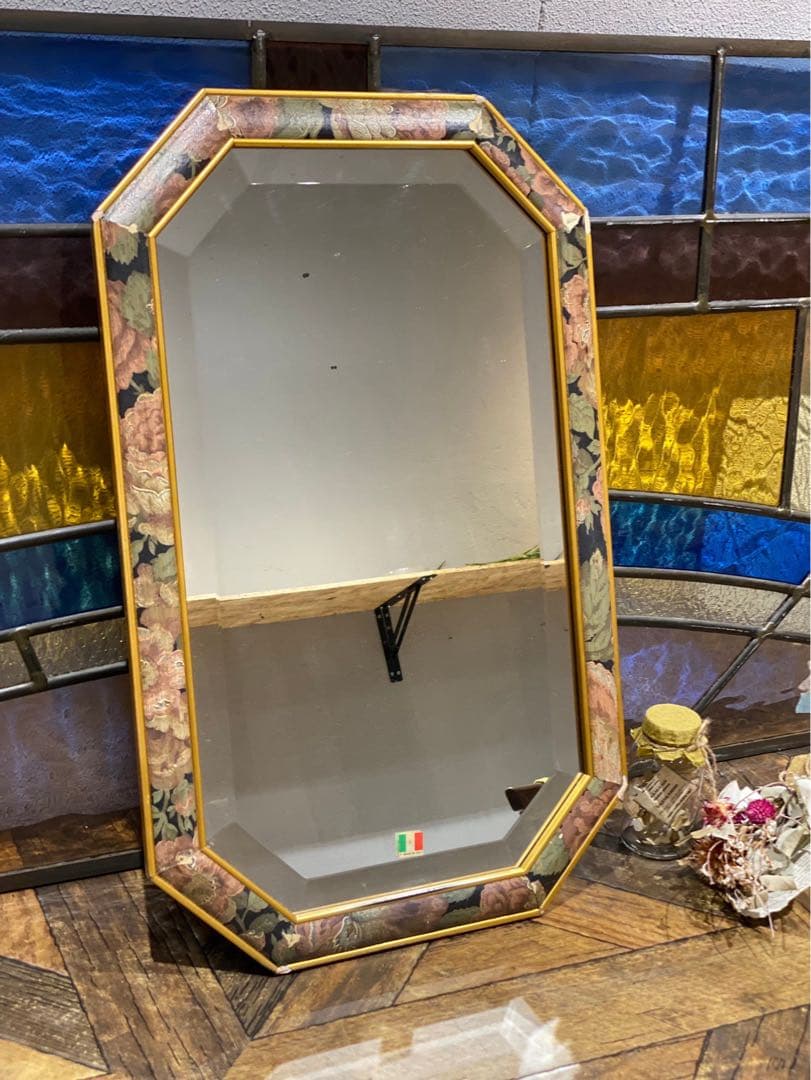 イタリア製 八角形 面取 壁掛けミラー 鏡 アンティーク インテリア 風水