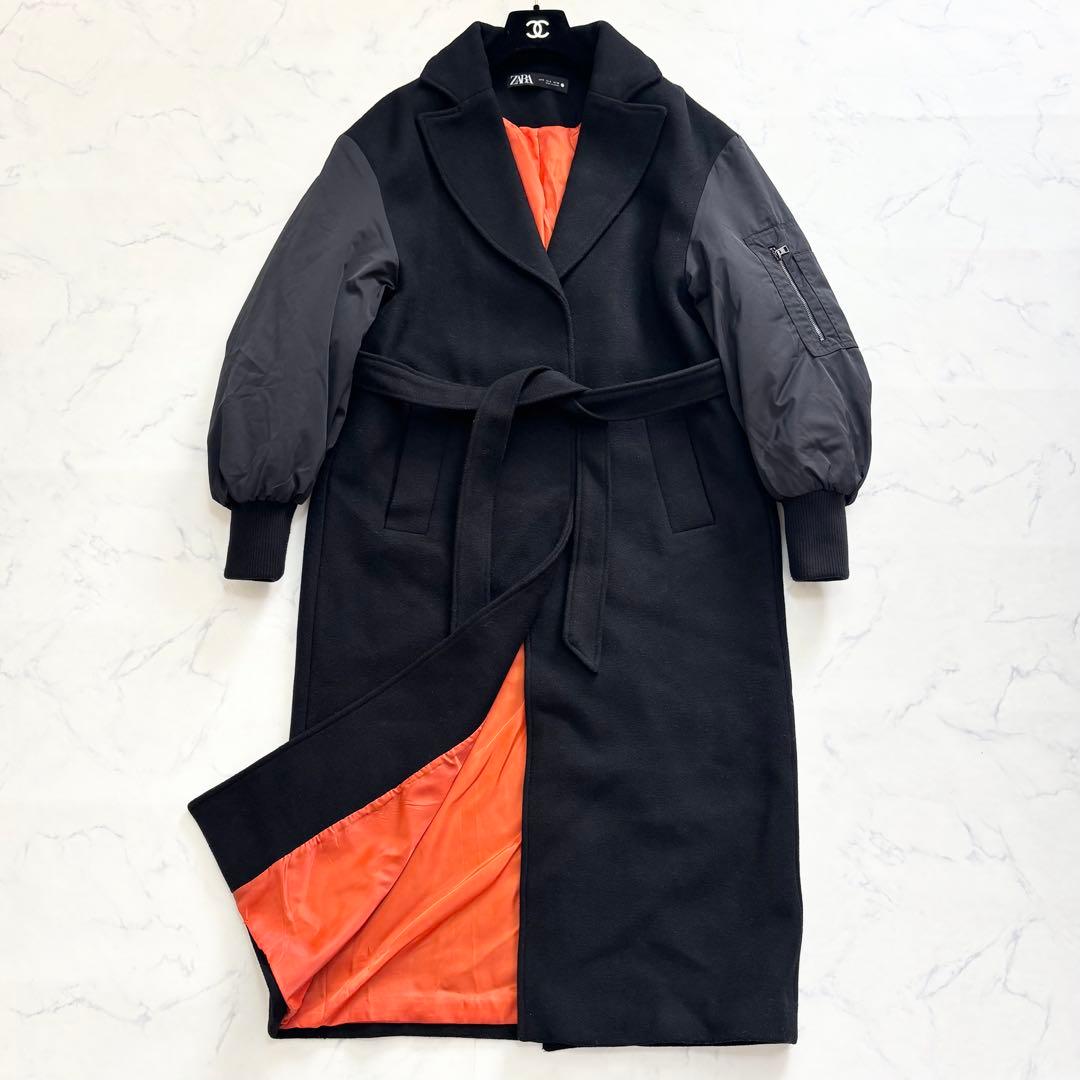 ZARA マッチングボンバーコート MA-1 ベルト マキシ丈 ブラック S