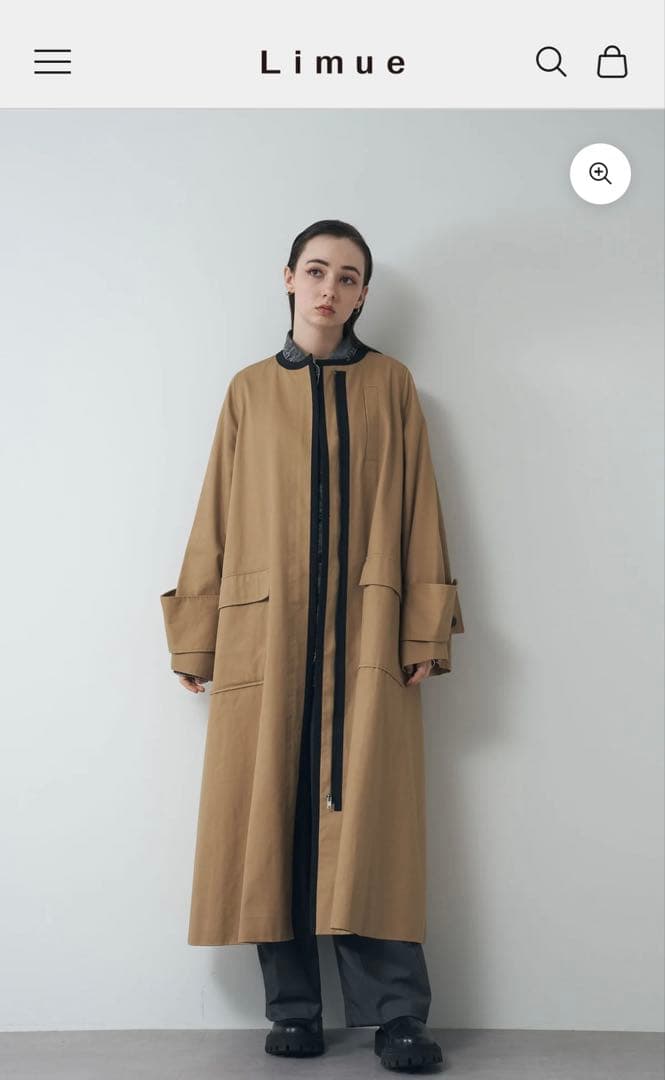 Limue ワイドスリーブノーカラーパイピングコート