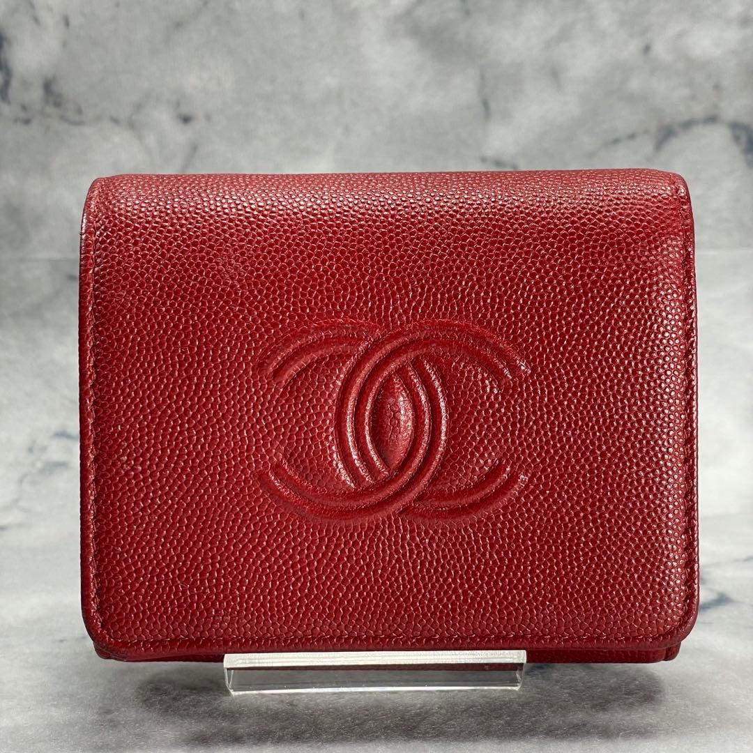 ギャラカード有✨ CHANEL キャビアスキン 三つ折り財布 赤