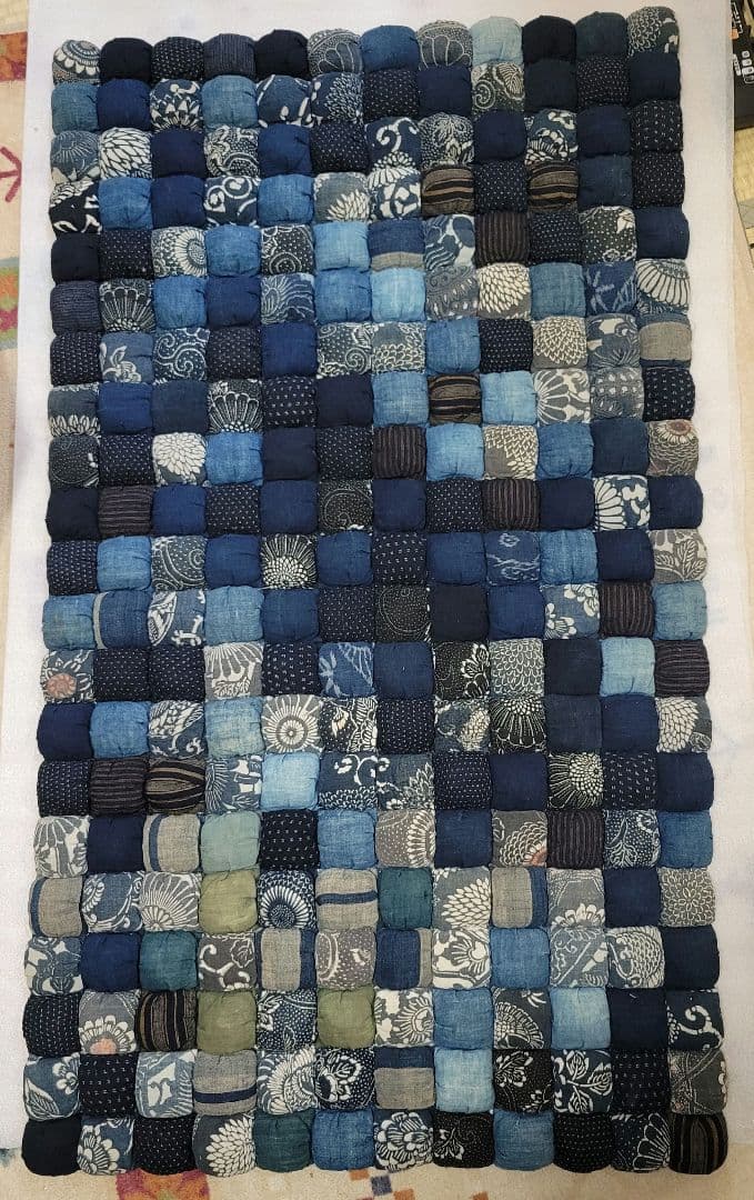 藍染め　古布　木綿　高級手芸品　120 × 67cm　なが座布団　上質　美品