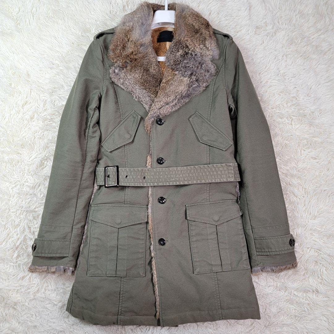 定価19万円 ジュンハシモト ロングトレンチコート 総裏ラビットファー オリーブ
