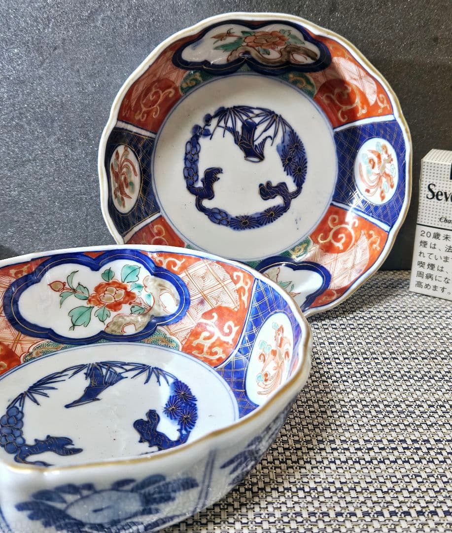 上作品❗️明治時代　古伊万里　錦手　花に鳳 凰　大振なます皿2客　径17.6cm