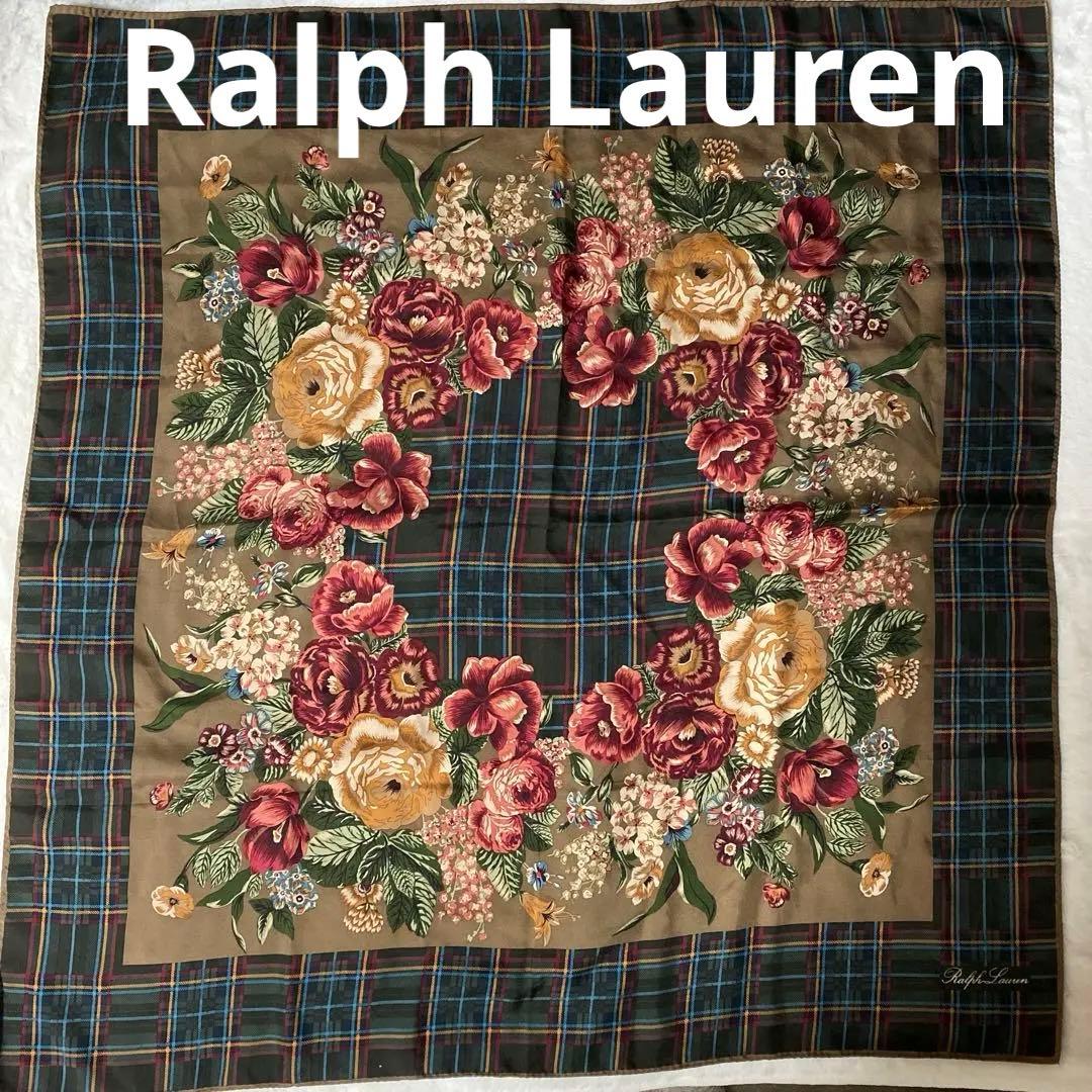 希少 ラルフローレン 大判 シルク スカーフ 花柄 チェック ヴィンテージ