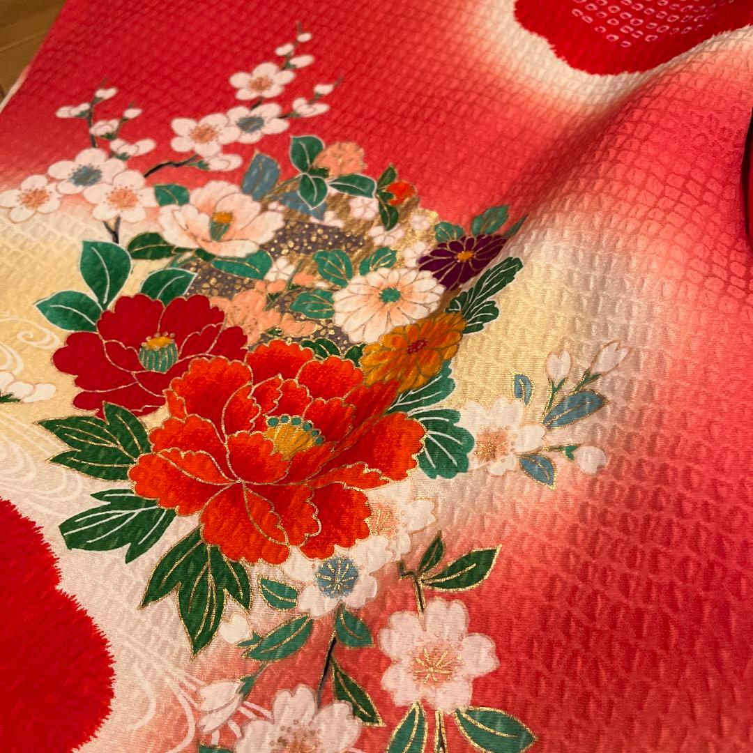 正絹　友禅調 晴れ着 朱赤 古典柄 絞り　七五三 お宮参り長襦袢セット