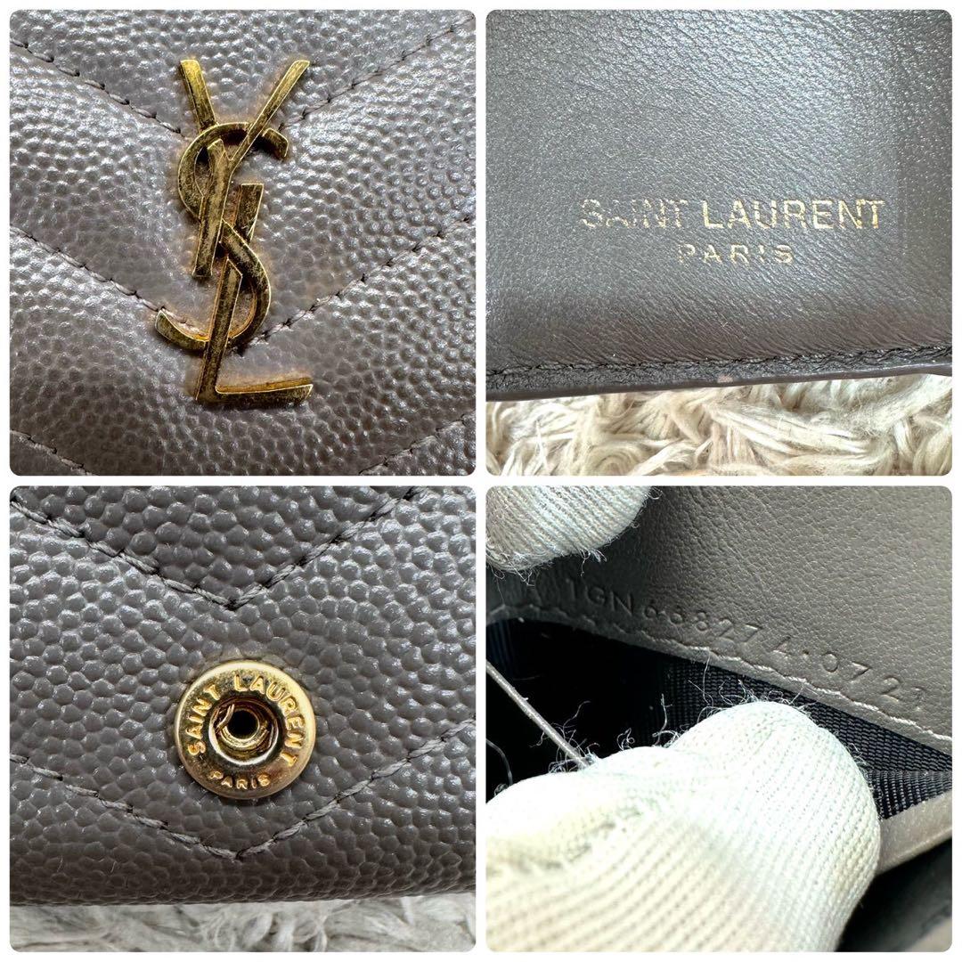 【美品】サンローラン 三つ折財布 グレー Vステッチ キャビアスキン YSL