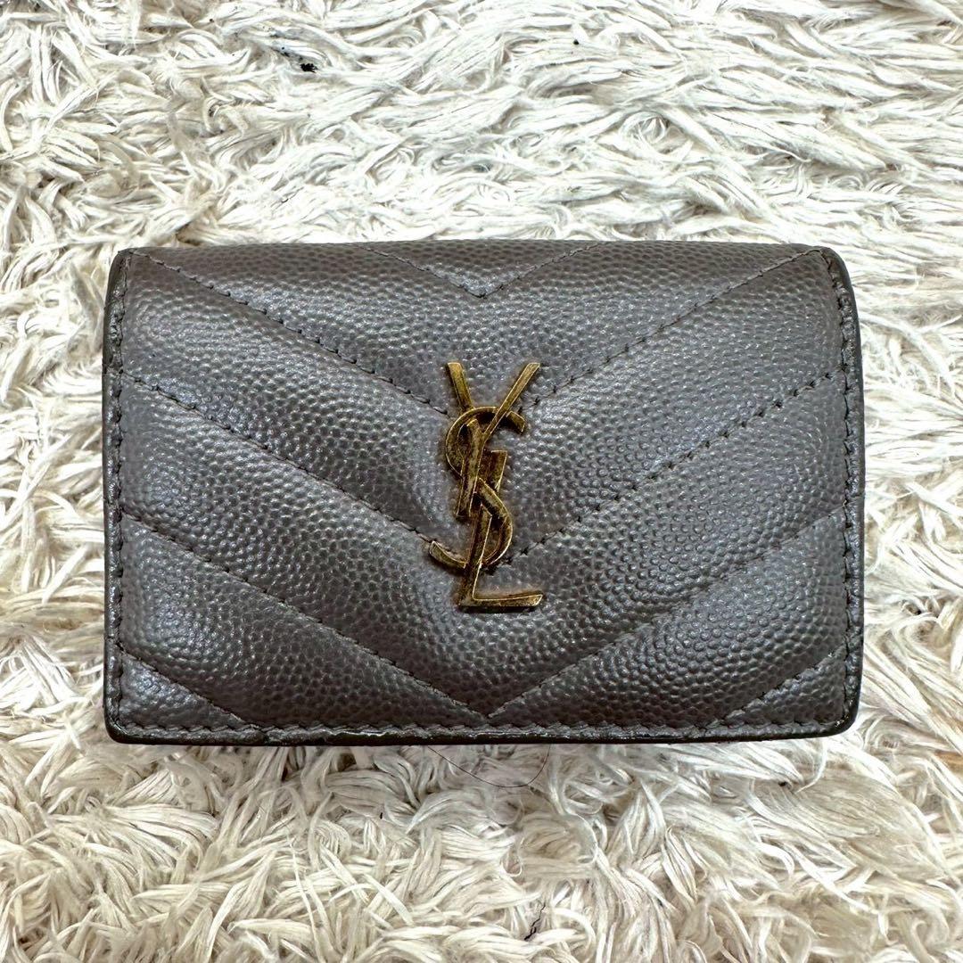【美品】サンローラン 三つ折財布 グレー Vステッチ キャビアスキン YSL