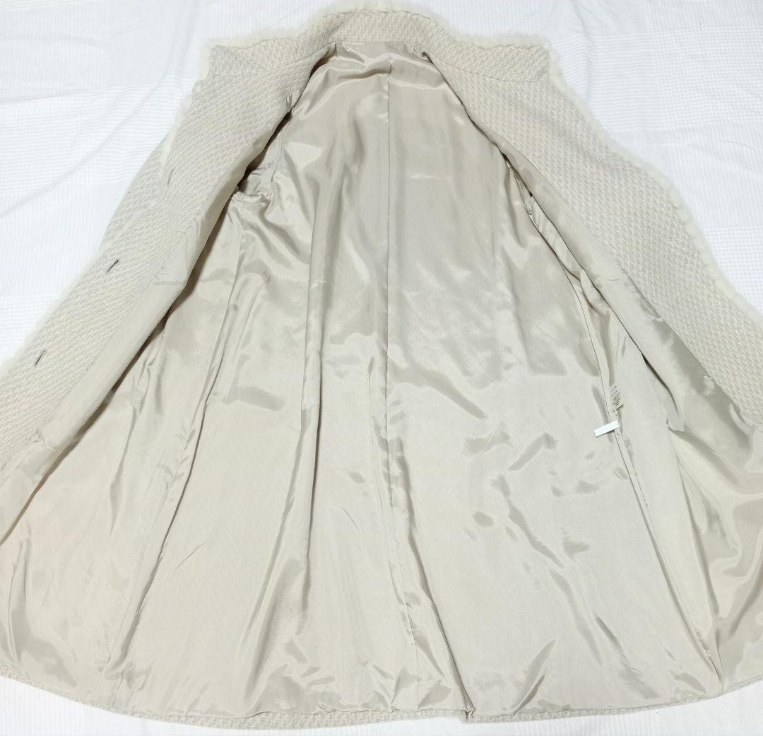 カシミヤ100％ ミンクファー ライトグレー×ホワイト Aラインロングコート M