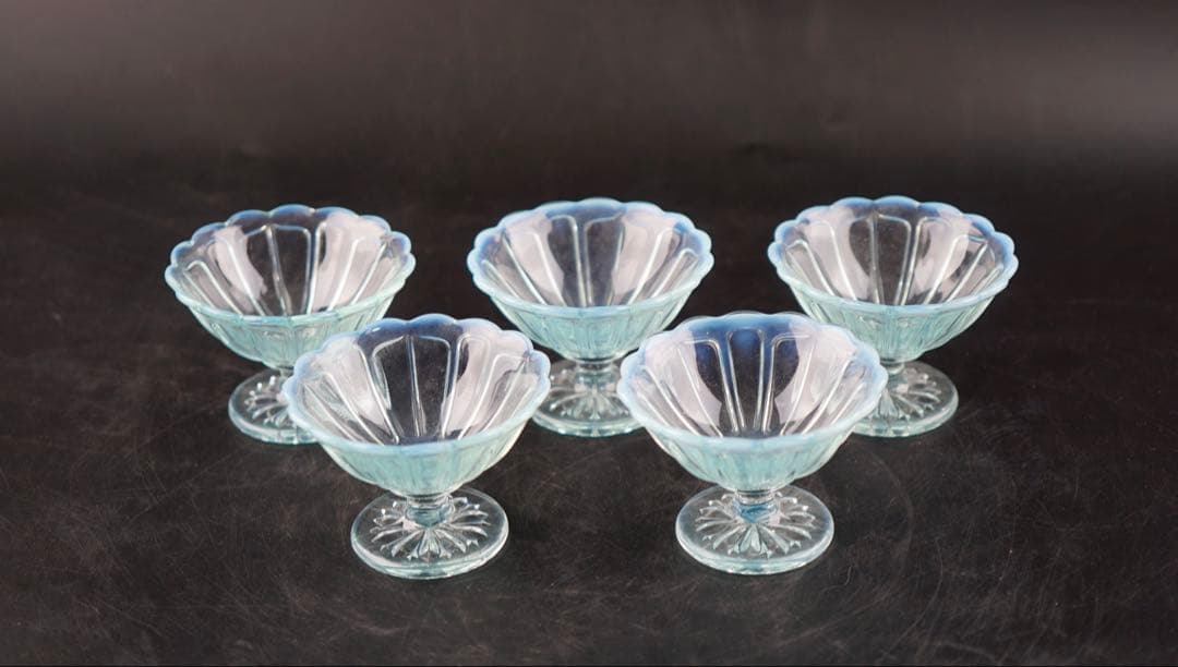 廣田ガラス アンティーク 雪の花 ミニアイスクリーム ブルー 5脚セット