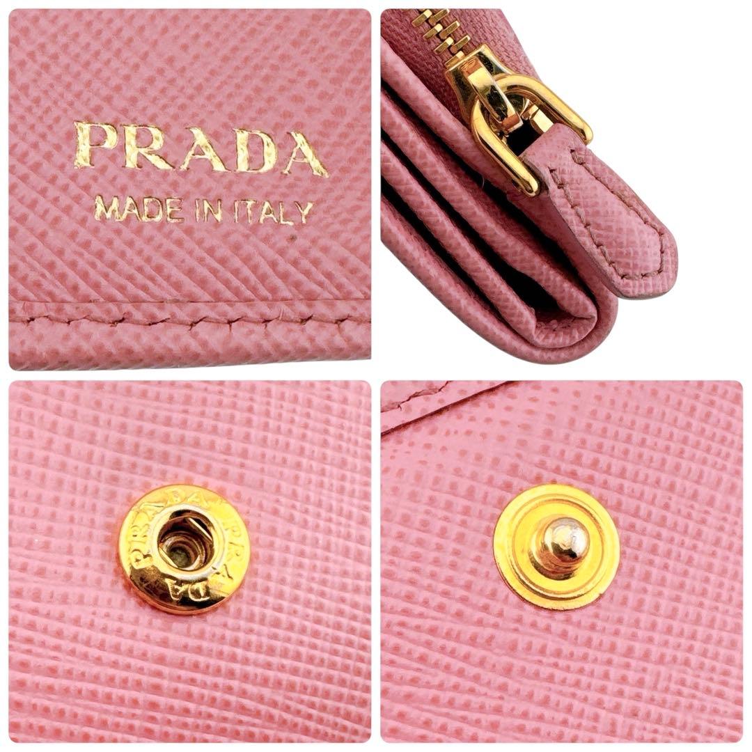 美品◇プラダ サフィアーノレザー 三角プレート 三つ折り財布 ピンク レディース