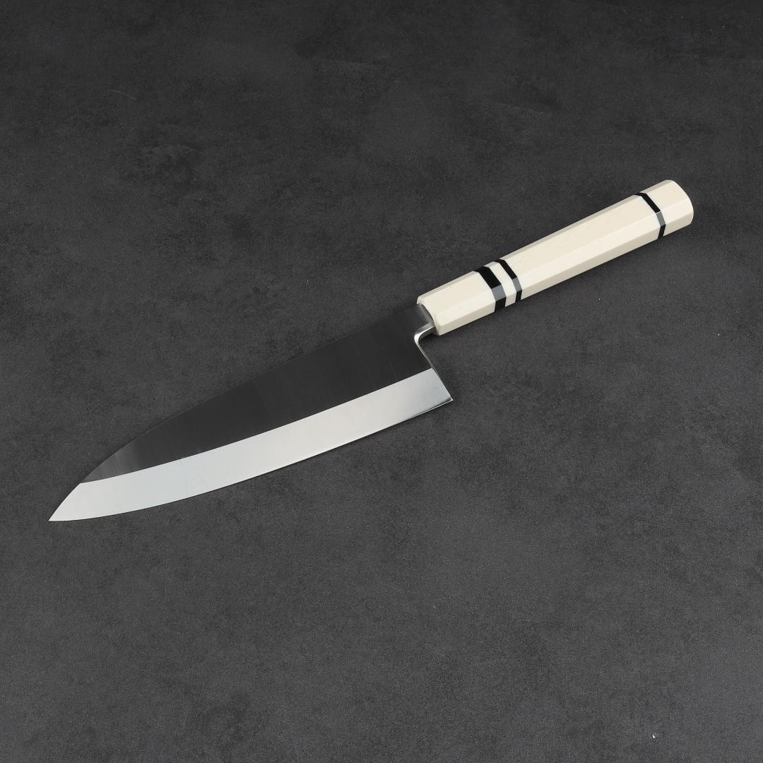 7168左利き用 出刃包丁 7寸 刃渡り210 刺身包丁 人工象牙黒三本巻八角柄