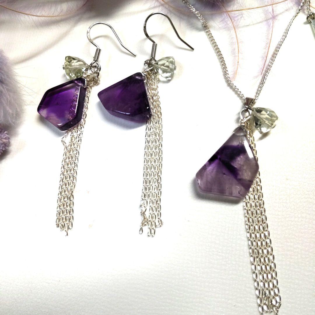 トラピッチェアメジスト、宝石質グリーンアメジストのピアスとネックレスセット
