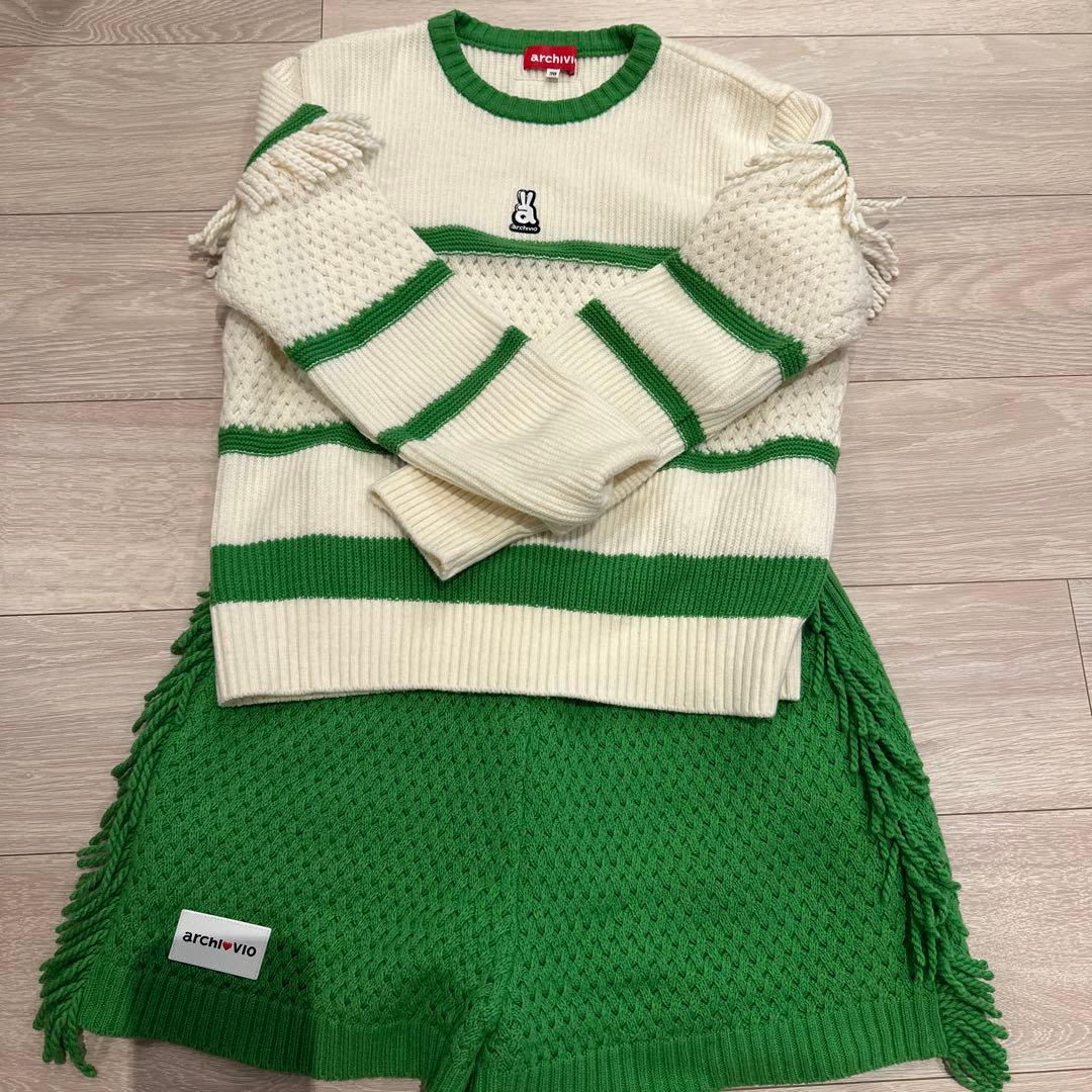 archivio ストライプセーター 38サイズ ホワイト/グリーンホットパンツ