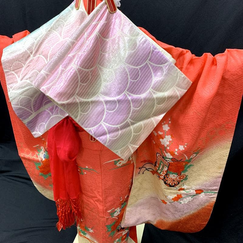 509ag5□七五三 七歳 女児 着物&袋帯 金彩 御所車 花文 ピンク□美品