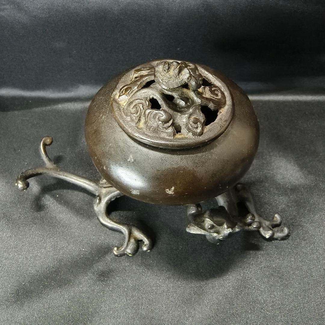 茶道具 茶香炉 唐銅置物 中国骨董 盤竜座 祥雲霊芝蓋 古美術 コレクター放出