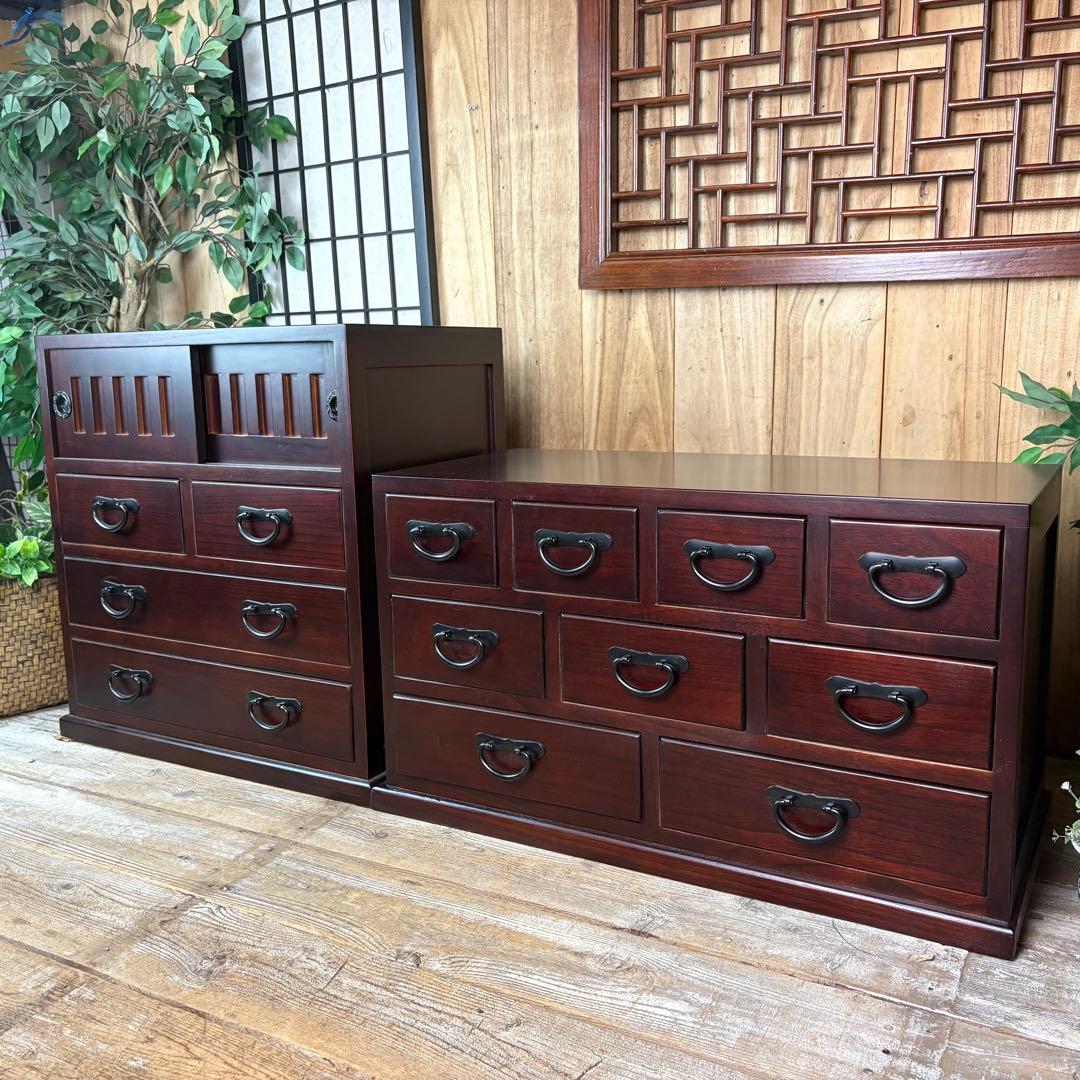 大幅値下げセール中！民芸家具桐無垢多引き出しチェスト二点セット木製多収納飾り棚