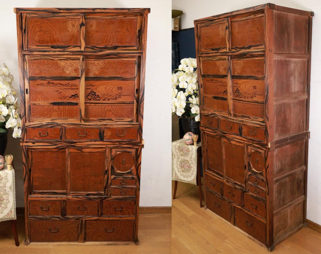 BE922 時代家具　黒柿貼　水屋箪笥　茶箪笥　欅扉　食器棚