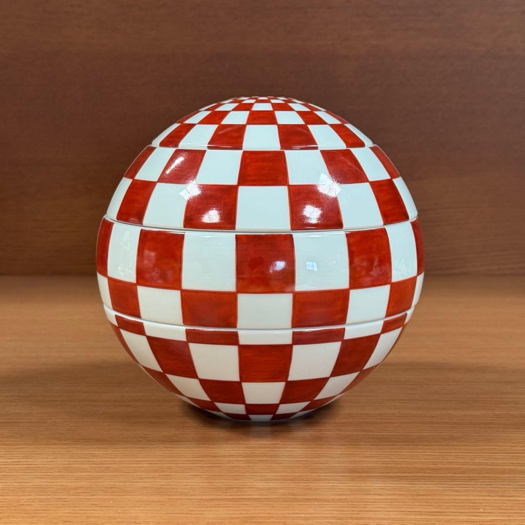 有田焼 李荘窯：赤絵市松文（混柄） 珠型三段重☆