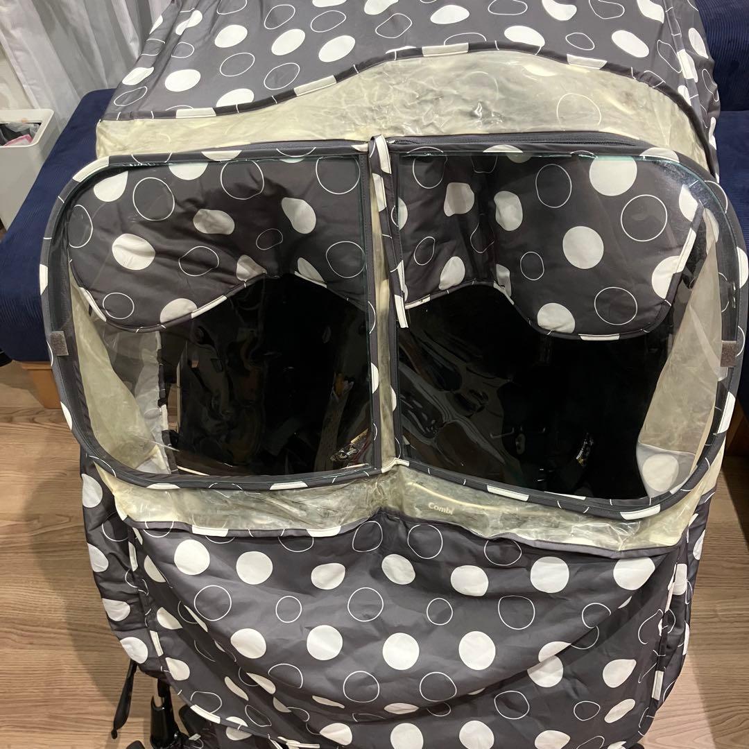 【にゃんこ】Combiコンビツインスピン　2人乗り双子ベビーカー雨カバー付