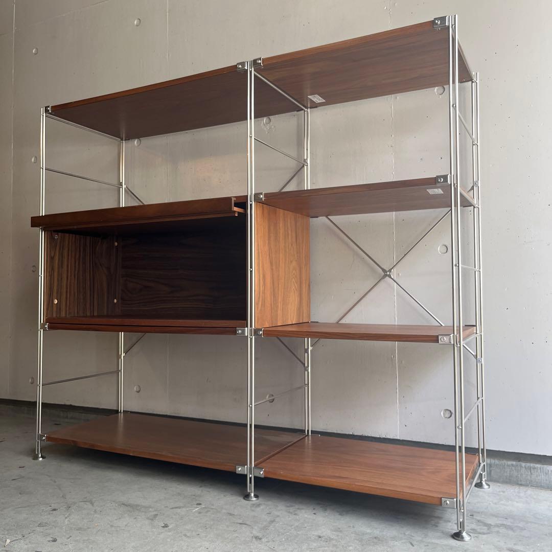 美品★無印 ステンレスユニットシェルフ　ウォールナット材棚・フラップ扉連結セット